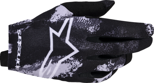 Alpinestars Radar Gloves Camo Iron in medium size with black and camouflage design, featuring protective knuckles and adjustable wrist strap.