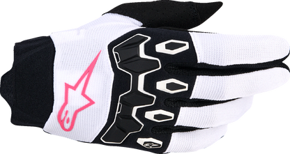 Alpinestars Stella Full Bore V2 motorcycle gloves in white, fluo pink, and black, size large, with protective knuckles and adjustable wrist straps.