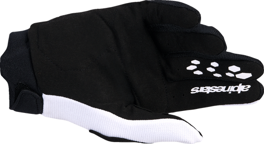 Alpinestars Stella Full Bore V2 motorcycle gloves in white, fluo pink, and black, size large, with protective knuckle armor.