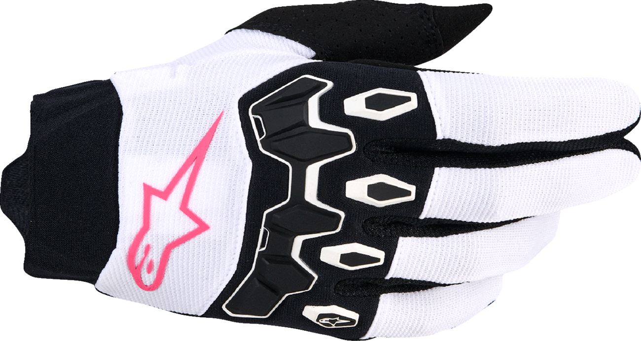 Alpinestars Stella Full Bore V2 gloves in white, fluo pink, and black, size XL, showing detailed protective motorcycle glove design.