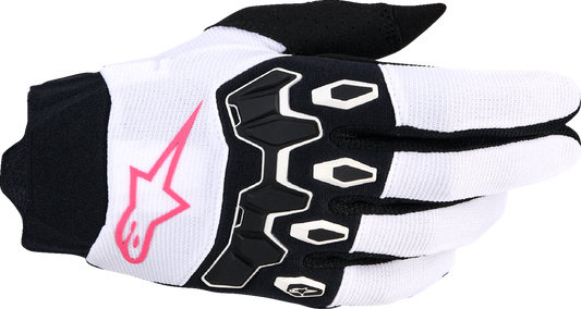 Alpinestars Stella Full Bore V2 gloves in white, fluo pink, and black, size XL, showing detailed protective motorcycle glove design.