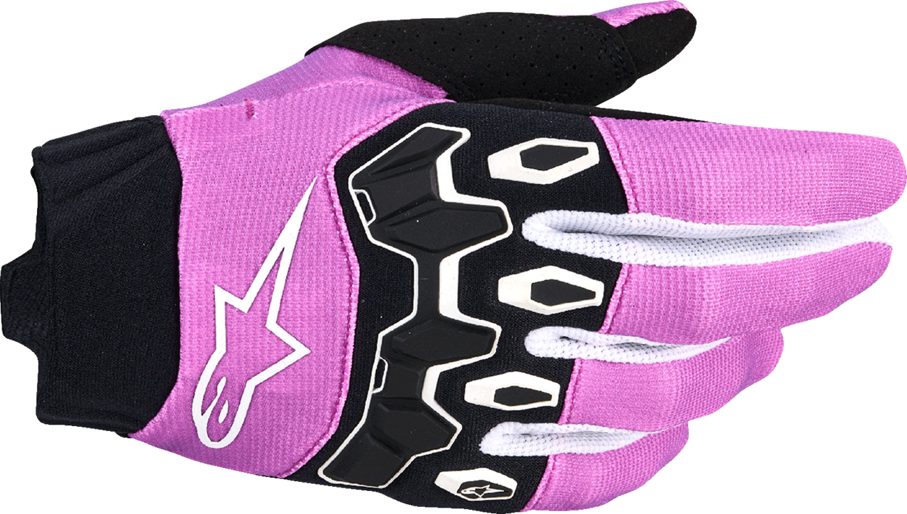 Alpinestars Stella Full Bore V2 motorcycle gloves in violet, white, and black, size large, showing detailed design and protective features.
