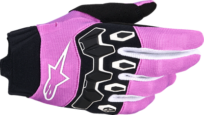 Alpinestars Stella Full Bore V2 motorcycle gloves in violet, white, and black, size large, showing detailed design and protective features.
