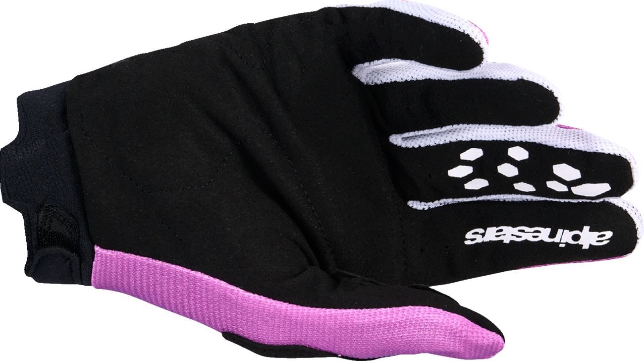 Alpinestars Stella Full Bore V2 motorcycle gloves in violet, white, and black, large size, with protective knuckles and breathable design.