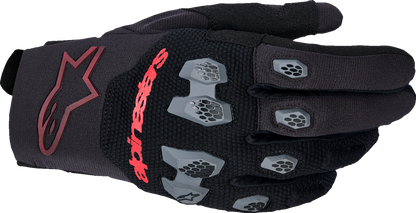 Alpinestars Pro-Dura motorcycle gloves in black and bright red, 2XL size, with protective padding and secure wrist closure.