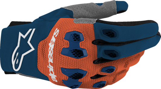 Alpinestars Pro-Dura motorcycle gloves in navy, hot orange, and white, size 2XL, showing protective design and branding.