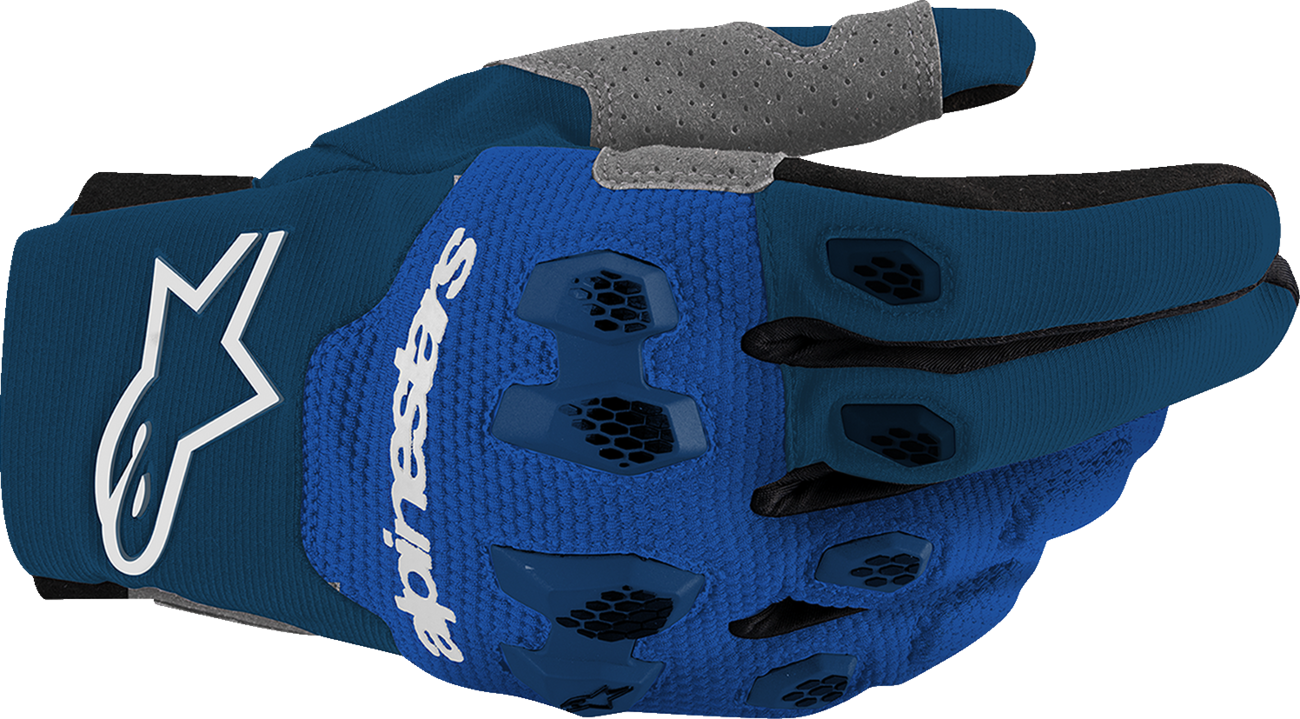 Alpinestars Pro-Dura motorcycle gloves in navy, bright blue, and white with protective padding, size XL.