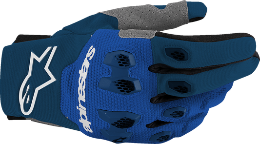 Alpinestars Pro-Dura motorcycle gloves in navy, bright blue, and white with protective padding, size XL.