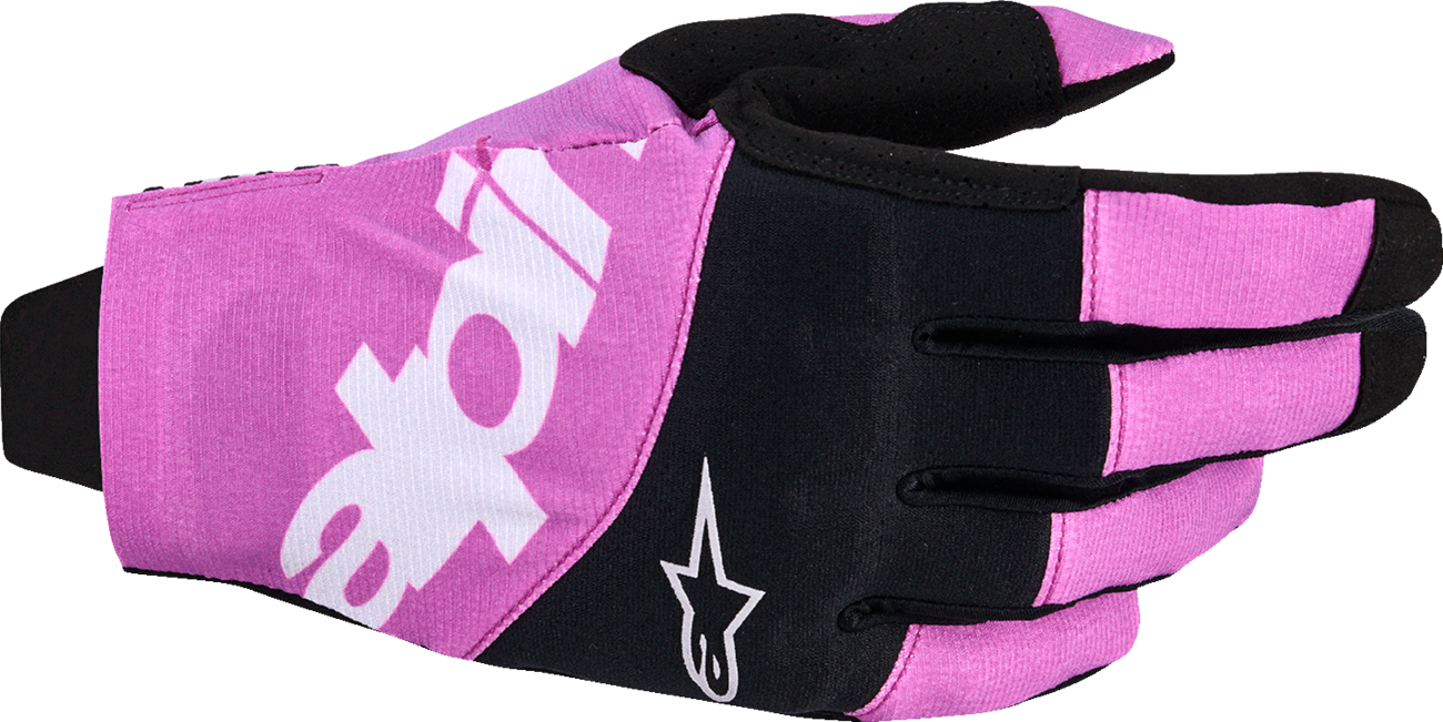 Alpinestars Techstar racing gloves in black, light gray, and purple, size 2XL, designed for high-performance motorsport protection.