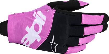 Alpinestars Techstar racing gloves in black, light gray, and purple, size 2XL, designed for high-performance motorsport protection.