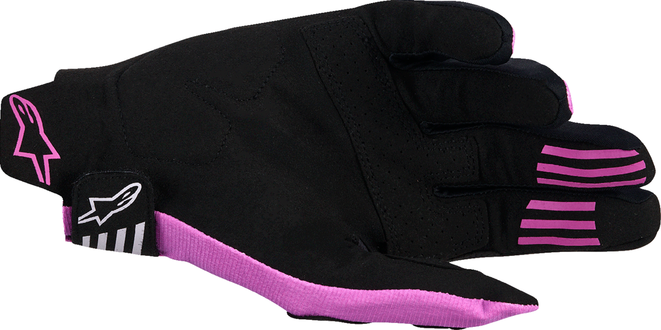 Alpinestars Techstar racing gloves in 2XL, black, light gray, and purple with protective knuckles and breathable fabric for performance riding.