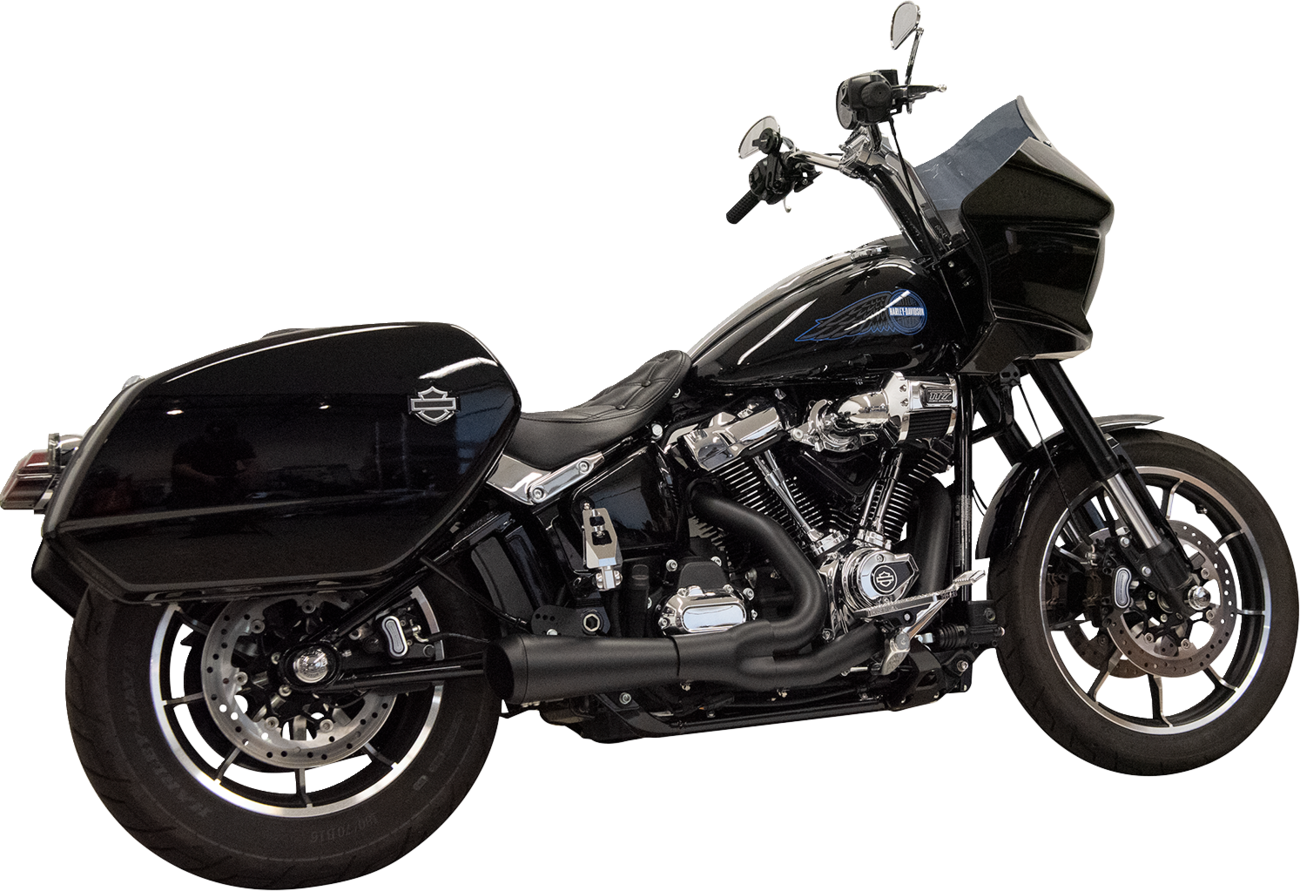 Bassani Xhaust Ripper 2-into-1 exhaust system with megaphone muffler for M8 Softail in black finish, visible with polished components.