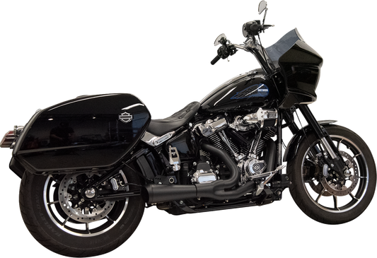 Bassani Xhaust Ripper 2-into-1 exhaust system with megaphone muffler for M8 Softail in black finish, visible with polished components.