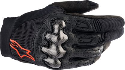 Alpinestars Megawatt V2 off-road gloves in black and fluo red with padded palms and adjustable wrist strap, medium size.