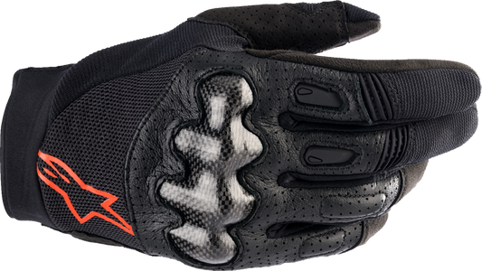 Alpinestars Megawatt V2 off-road gloves in black and fluo red with padded palms and adjustable wrist strap, medium size.
