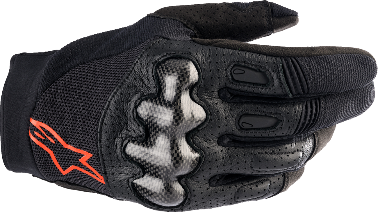 Alpinestars Megawatt V2 motorcycle gloves in large black and fluo red with protective knuckles and adjustable wrist straps.