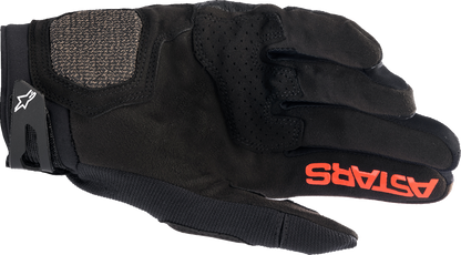 Alpinestars Megawatt V2 off-road motocross gloves in black and fluo red, 2XL, with padded palms and breathable fabric.