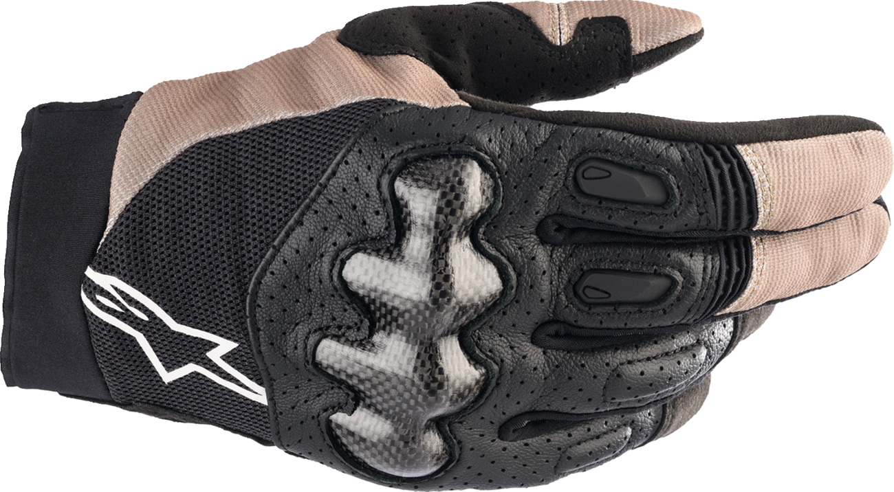 Alpinestars Megawatt V2 off-road gloves in stone and black with reinforced palms and adjustable wrist straps.