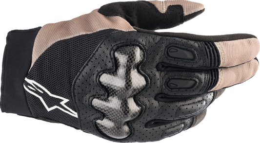 Alpinestars Megawatt V2 off-road gloves in stone and black with reinforced palms and adjustable wrist straps.