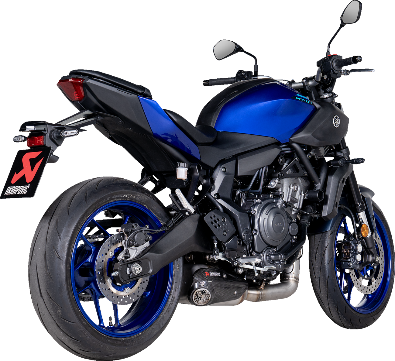 AKRAPOVIC Racing Line exhaust system for Yamaha MT-07 motorcycle, showing polished stainless steel and branding details.