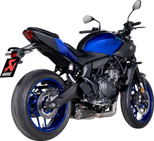 AKRAPOVIC Racing Line exhaust system for Yamaha MT-07 motorcycle, showing polished stainless steel and branding details.