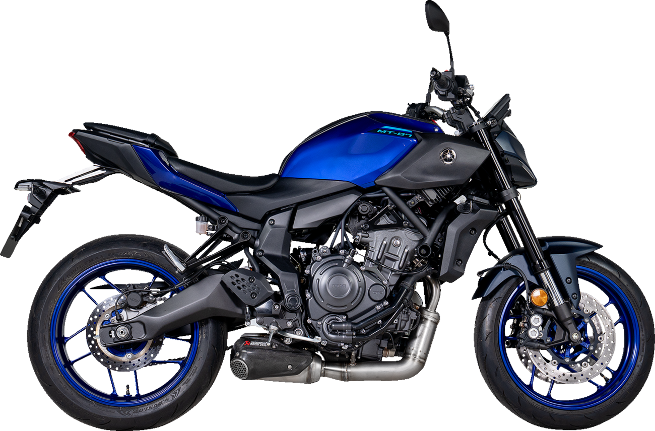 AKRAPOVIC Racing Line exhaust system for Yamaha MT-07 motorcycle, featuring polished metal and performance-oriented design.