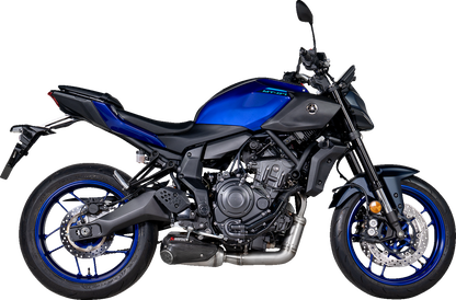 AKRAPOVIC Racing Line exhaust system for Yamaha MT-07 motorcycle, featuring polished metal and performance-oriented design.