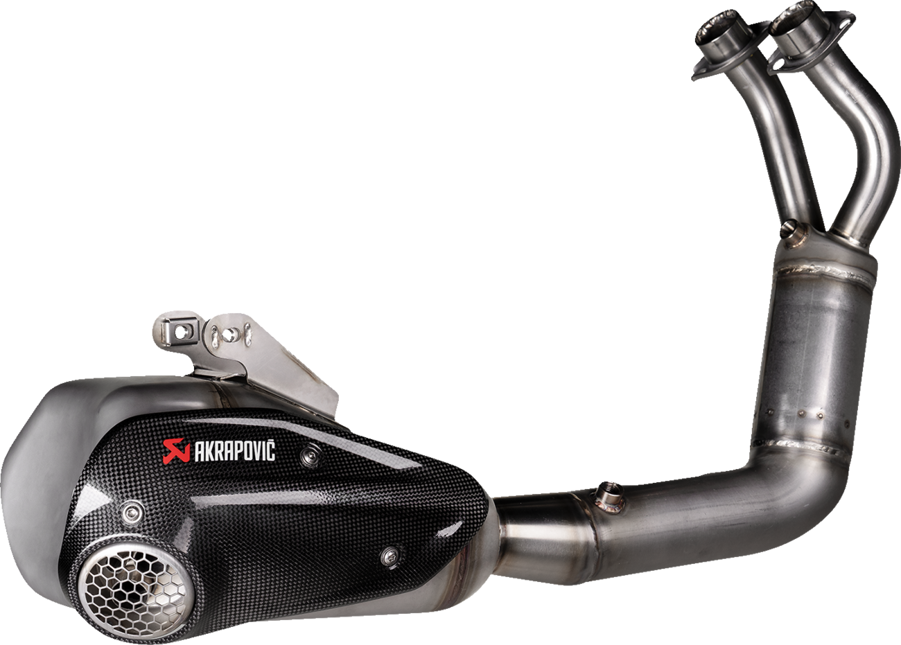 AKRAPOVIC Racing Line exhaust system for Yamaha MT-07 motorcycle, showing the sleek stainless steel design and branding.
