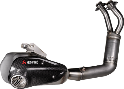 AKRAPOVIC Racing Line exhaust system for Yamaha MT-07 motorcycle, showing the sleek stainless steel design and branding.