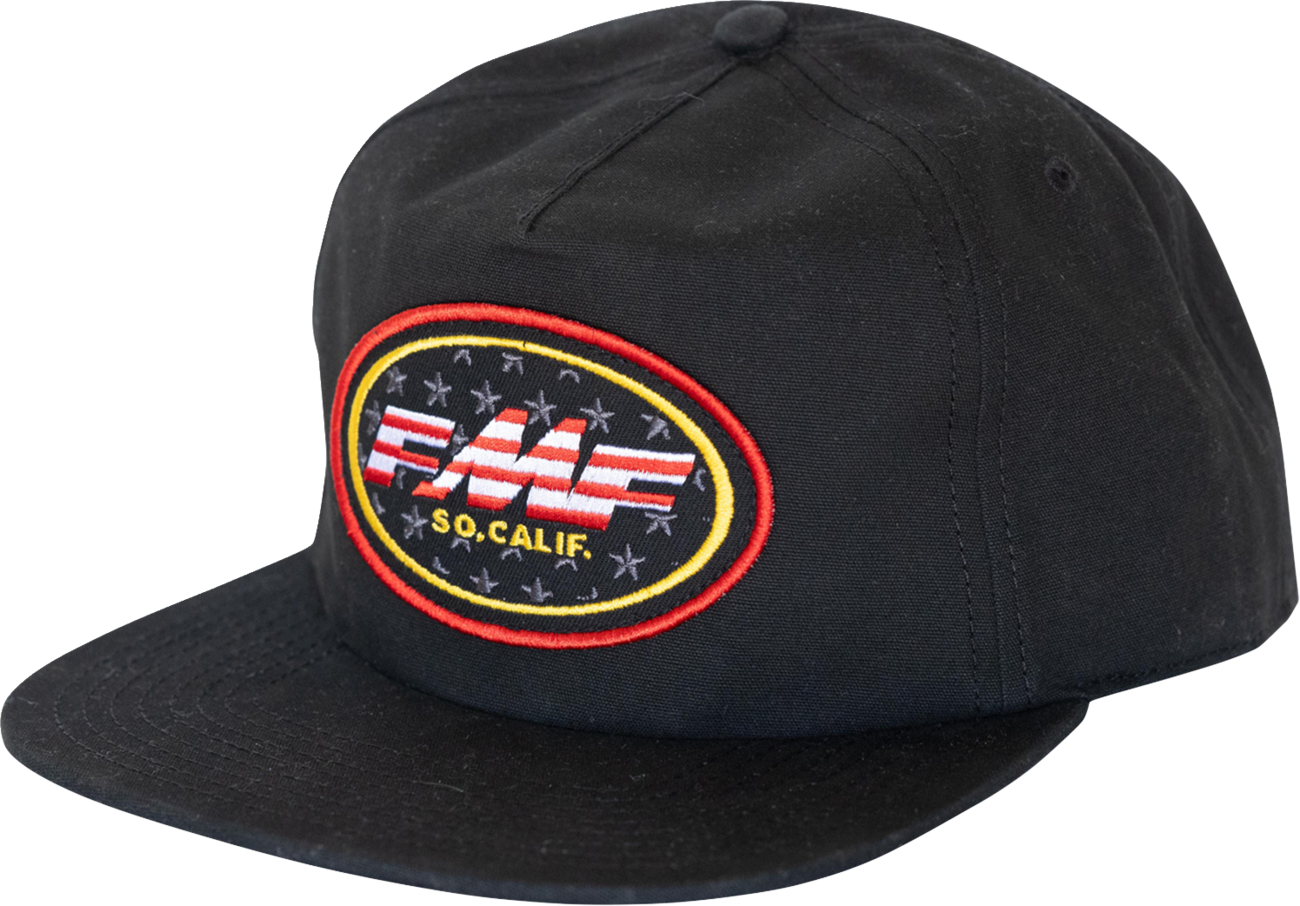 FMF Blackstar black hat with embroidered logo, casual style, adjustable strap, front view showing detailed design.