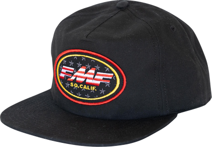 FMF Blackstar black hat with embroidered logo, casual style, adjustable strap, front view showing detailed design.