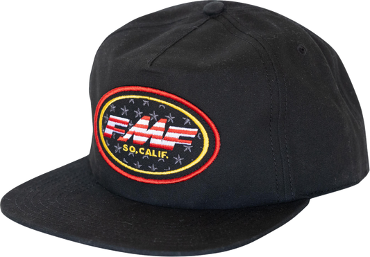 FMF Blackstar black hat with embroidered logo, casual style, adjustable strap, front view showing detailed design.