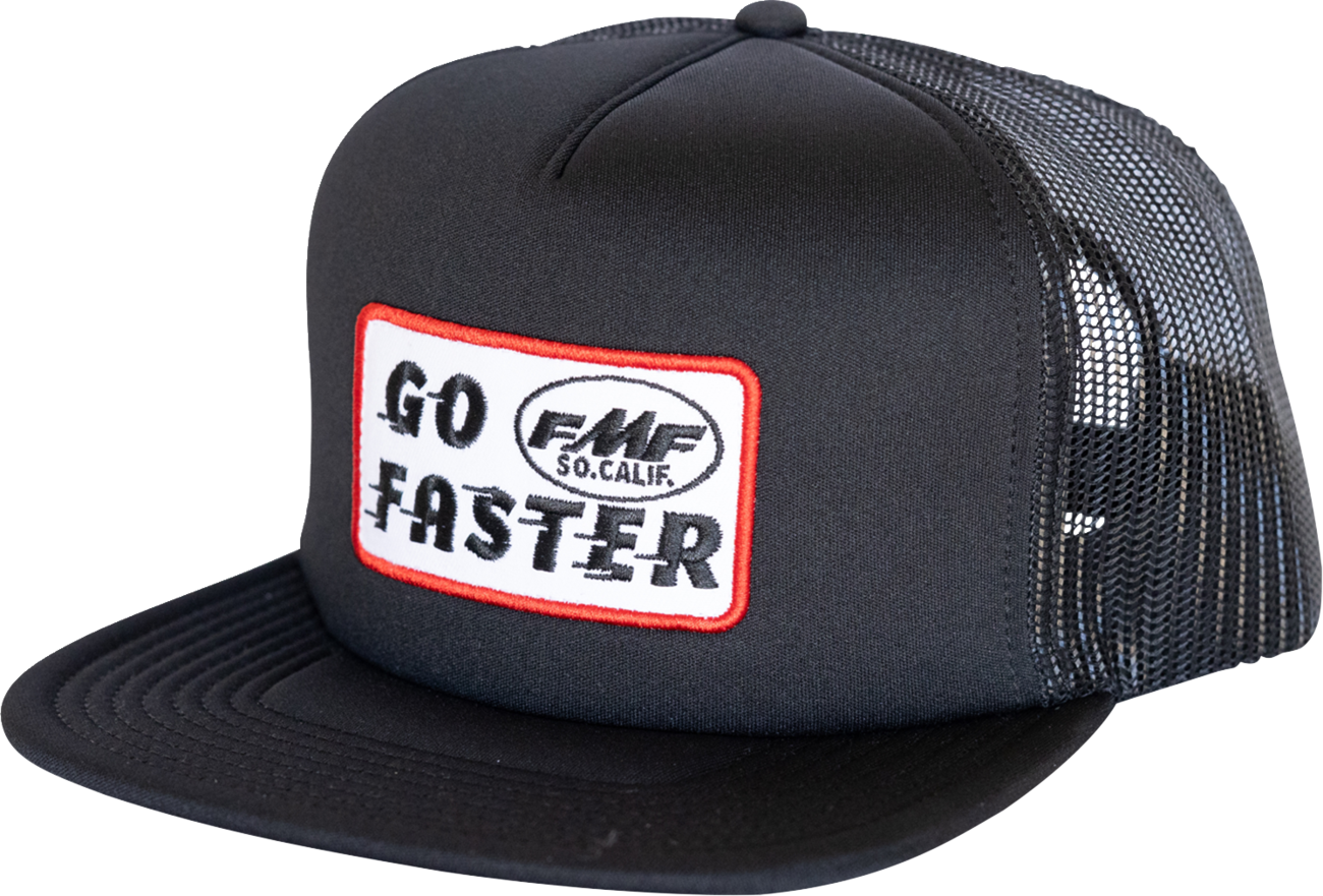 Black FMF Go Faster Hat with embroidered FMF logo, adjustable strap, and curved brim for casual outdoor wear.