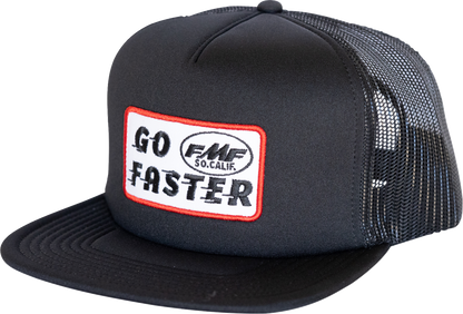 Black FMF Go Faster Hat with embroidered FMF logo, adjustable strap, and curved brim for casual outdoor wear.