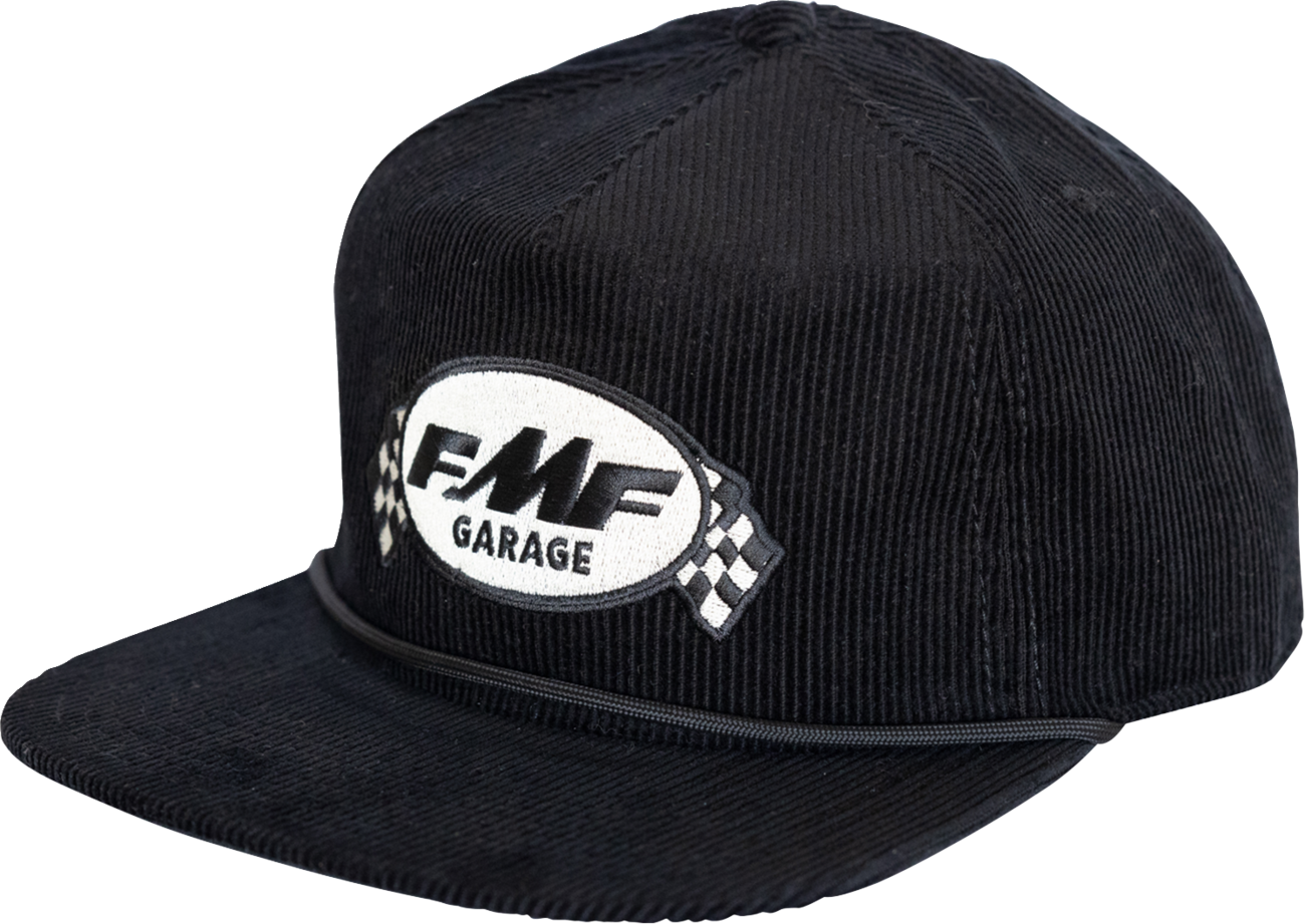 Black FMF Garage Cord Hat with adjustable strap and embroidered FMF logo, casual style for outdoor or everyday wear.