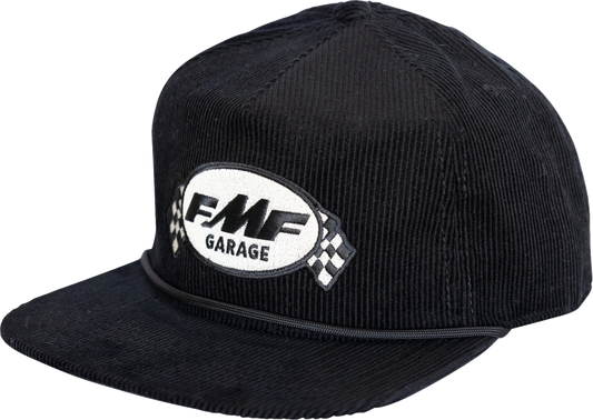 Black FMF Garage Cord Hat with adjustable strap and embroidered FMF logo, casual style for outdoor or everyday wear.