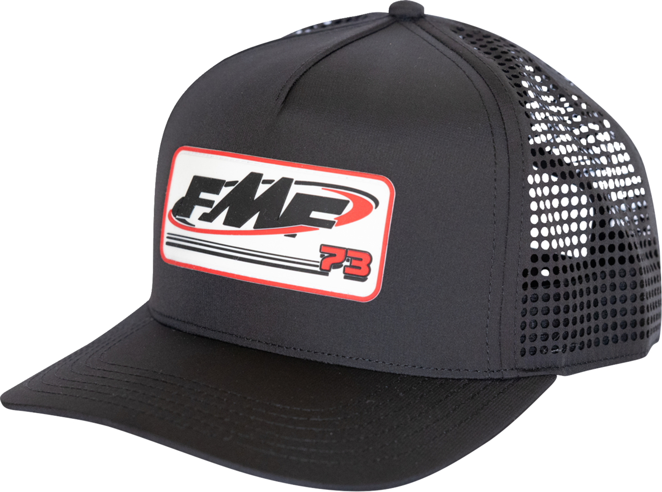 Black FMF Speed Hat with front patch and woven label, featuring adjustable strap and embroidered branding.