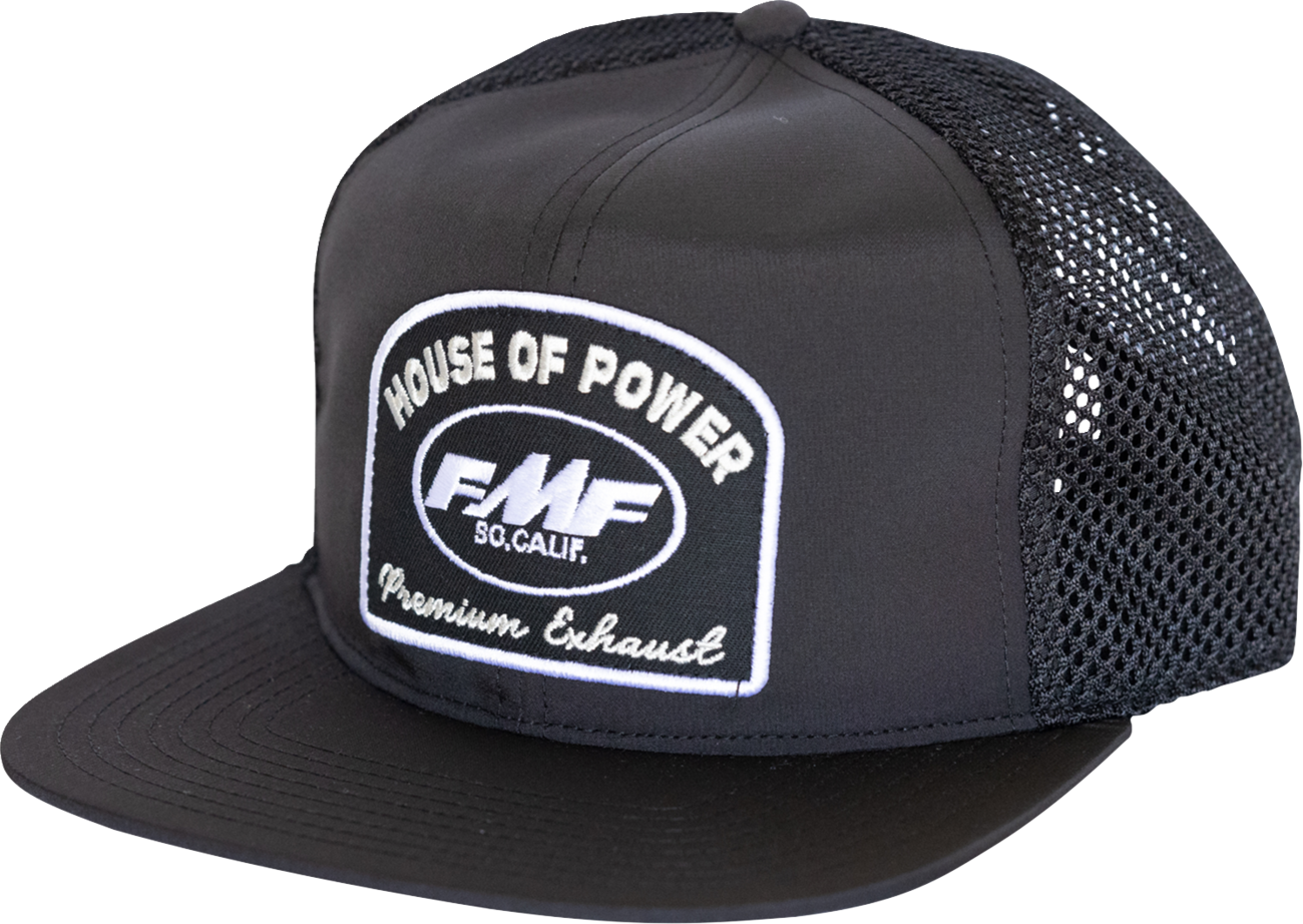 Black FMF Powerhouse hat with embroidered logo and adjustable strap, designed for casual and outdoor wear.
