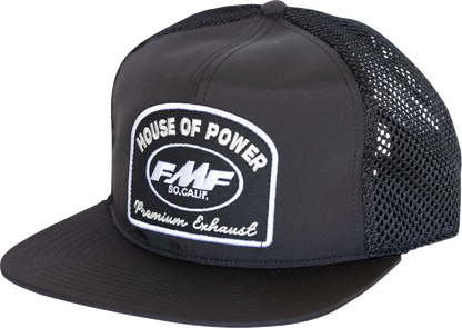 Black FMF Powerhouse hat with embroidered logo and adjustable strap, designed for casual and outdoor wear.