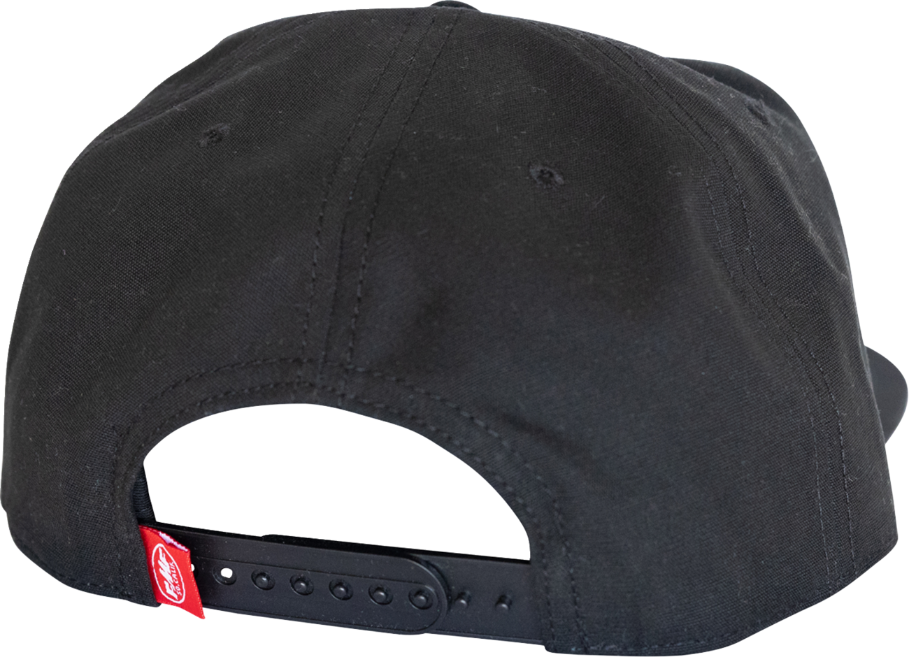FMF Factory Flag Hat in black, adjustable baseball cap with FMF logo and factory flag design, casual outdoor headwear.