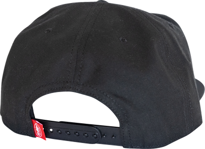 FMF Factory Flag Hat in black, adjustable baseball cap with FMF logo and factory flag design, casual outdoor headwear.