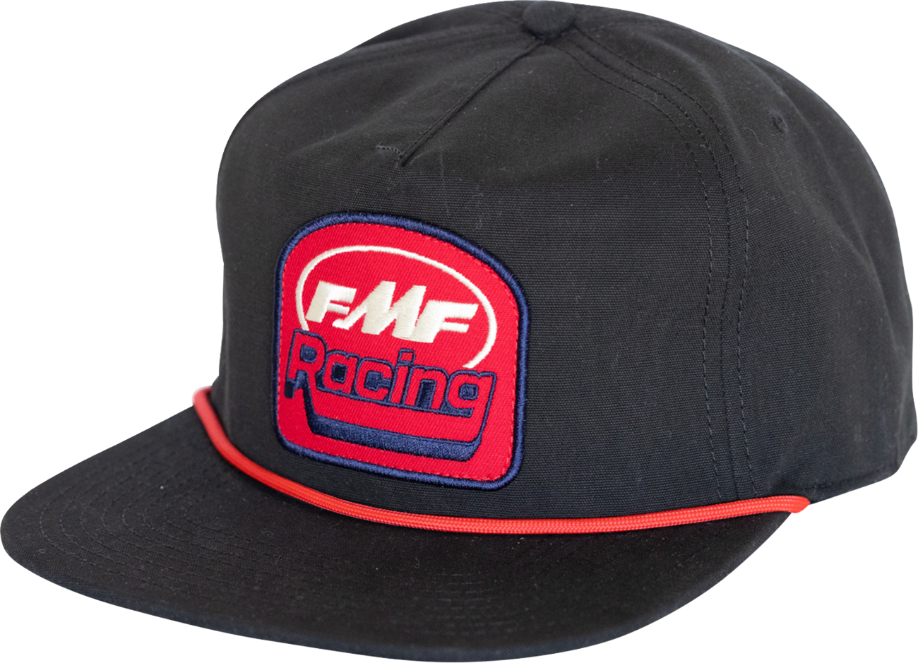 Black FMF Retro Racer Hat with curved brim and embroidered logo, showcasing classic motorcycle-inspired style.