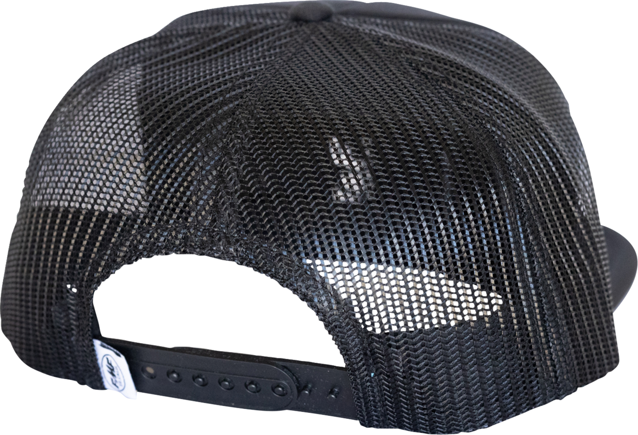 Black FMF Go Faster Hat with embroidered FMF logo, adjustable strap, and classic baseball cap style.