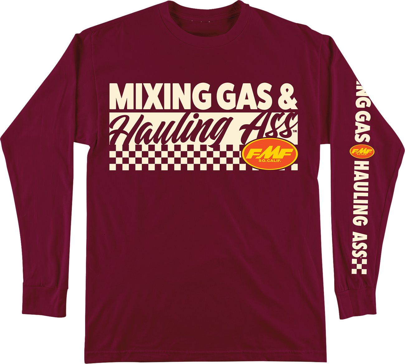 FMF Mixin long-sleeve T-shirt in maroon, small size, made of soft spun cotton with a premium fit, shown flat.