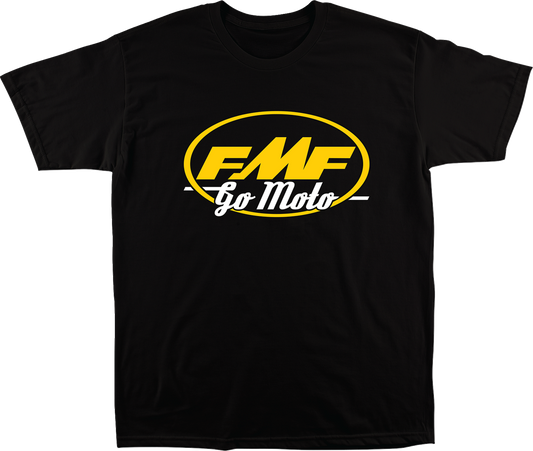 FMF Go Moto T-Shirt in black, small size, with motorcycle-themed graphic on front, casual fit, designed for motorcycle enthusiasts.