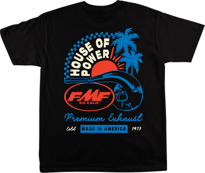 Black FMF Moto Shop T-shirt in small size with FMF logo and graphic design on front.