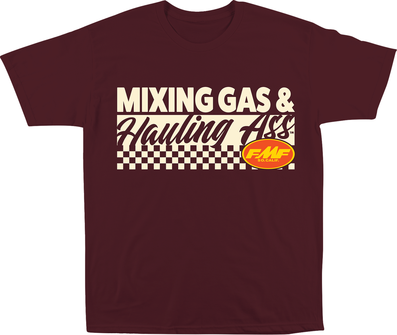FMF Mixin T-Shirt in maroon, medium size, featuring a casual fit and branded design, front view showing the fabric texture.