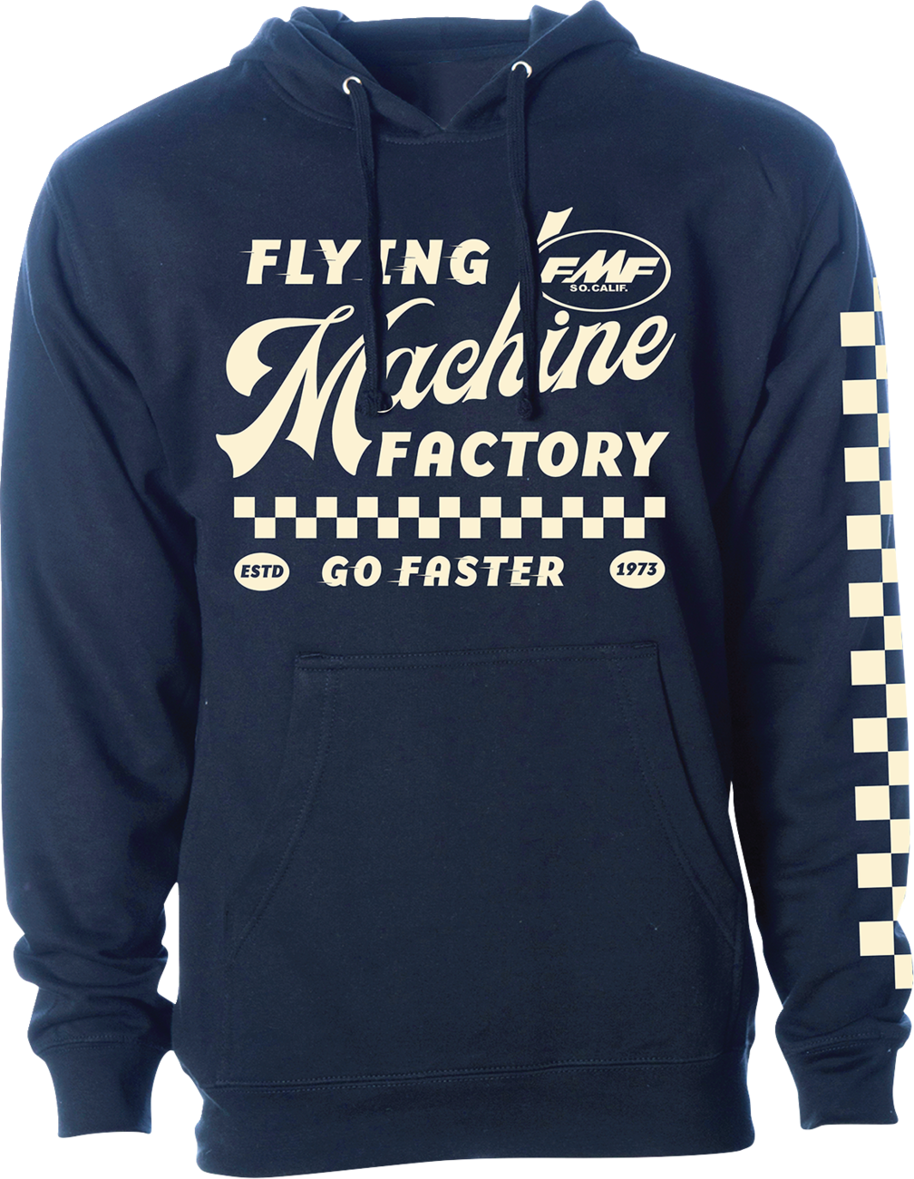 Navy blue FMF Faster hoodie, small size, classic pullover sweatshirt with front pocket and logo detail, casual and comfortable.