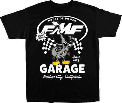 Black FMF Garage T-Shirt in Medium featuring FMF logo and design, made from soft fabric for casual wear.