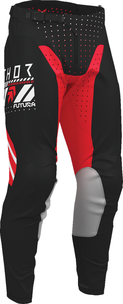 THOR Launchmode Futura Pants in black and red with durable leather inner knee grips, US size 34, motorcycle riding gear